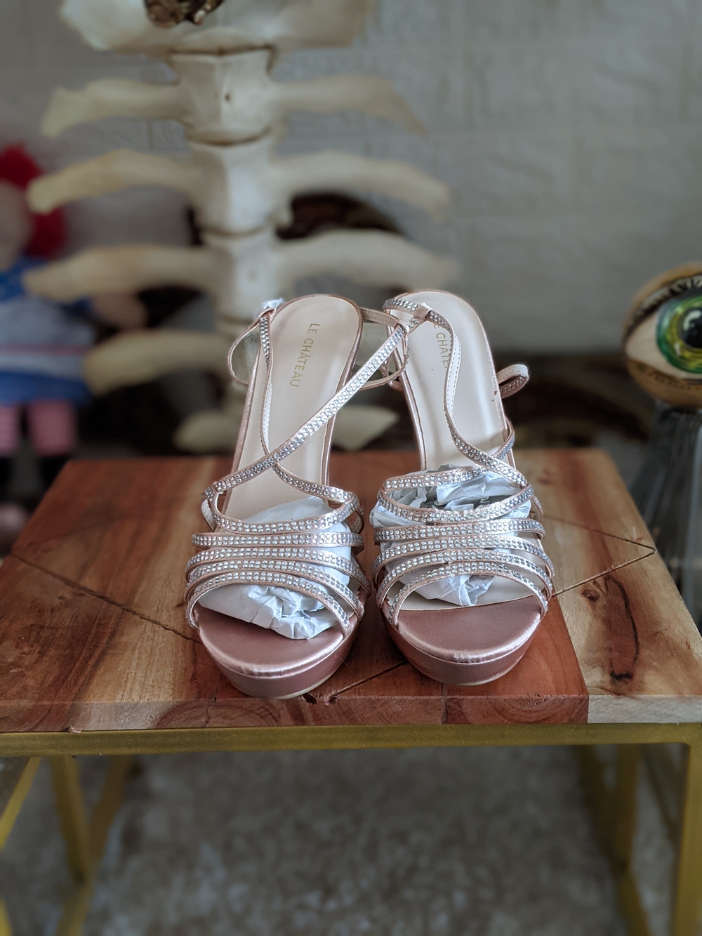 Le Chateau Rose Gold Strappy Crystal Platform Sandals